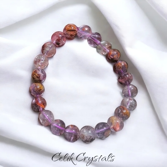 Super 7 Purple Phantom Ghost Quartz Women's Bracelet Natural Stones 8mm - Picture 2 of 4